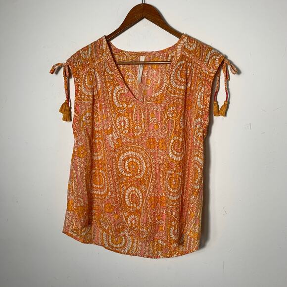 Womens Anthropologie Shirred Cap Sleeve Tassel Blouse, Orange, Size S EUC! - Picture 3 of 5